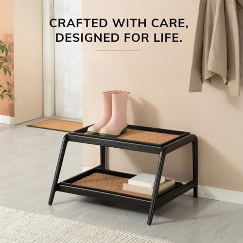 Anji Mountain Heavy Duty Waterproof Wooden Shoe Storage Mat Organizer/Boot Storage Tray Multi Use for Entryway with Coir, Tan and Blue Insert, 2 Tier, Fits 4 Pair (26.5" Wide) - Image 5
