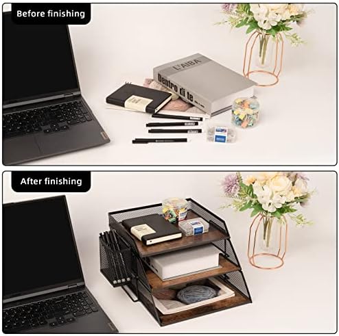 Vintage Wood & Metal Letter Tray， Stackable Desk Organizers Paper Tray， for File Magazines Mail Organizer, Vintage Wood Desk File Organizer with Pen Holder(3 Layer) - Image 4