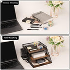 Vintage Wood & Metal Letter Tray， Stackable Desk Organizers Paper Tray， for File Magazines Mail Organizer, Vintage Wood Desk File Organizer with Pen Holder(3 Layer) - Image 4