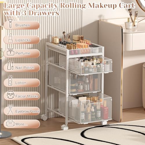 JKsmart Rolling Makeup Cart Organizer with 3 Drawers, Cosmetics Display with Dividers, Floor Skincare Storage with Wheels, Versatile Vanity Organizer for Nail Polish Perfume Brush Hair Tool, White - Image 7