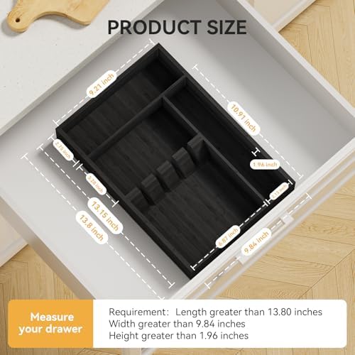 Yofidra Bamboo Silverware Organizer, 13.8 x 9.84 x 1.96 Inches Kitchen Utensil Drawer Organizer, Silverware Tray for Drawer with Fixed Slots for Spoons, Forks & Knives, Natural (Black) - Image 2
