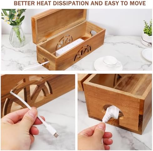 Wood Cable Management Box - 15.8" (L) x 6" (W) 5.5" (H) Acacia Wood Cable Hider Box, Cord Hider with Magnet Design & Outlet Hole, Power Strip Surge Protect & Organizer for Home Office Kitchen TV Wires - Image 7
