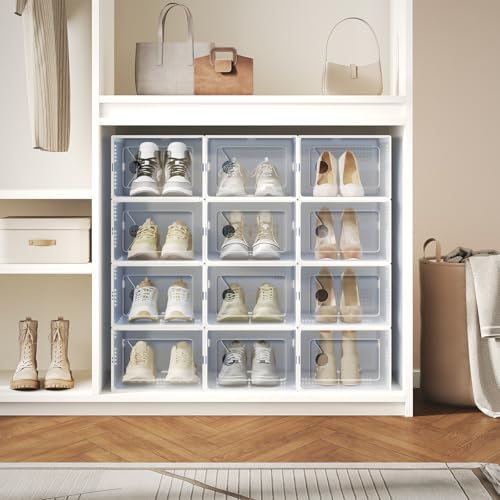 OLIXIS Shoe Storage Boxes, 15-Pack Clear Stackable Shoe Organizers with Lids, Sneaker Display and Storage Containers for Closet, Under Bed, Entryway, White - Image 2