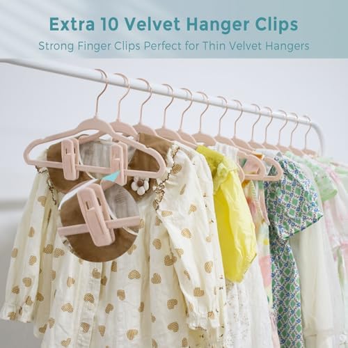 Tonswachic Velvet Child Hangers 50 Pack, 14" Premium Kids Felt Hangers, Non Slip Baby Hangers for Toddler Clothes, 0.2" Slim Space-Saving Children Hangers with 10 Clips & 360° Rose Gold Hook, Pink - Image 6