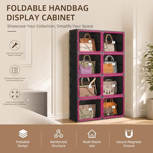 Purse Organizer for Closet, Handbag Storage, Black 4-Tier 8-Cubby - Image 4