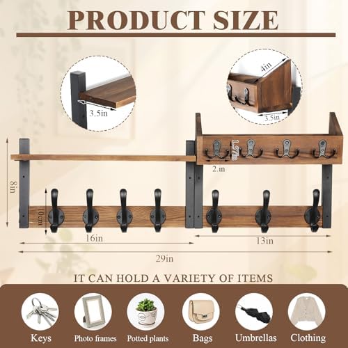 ZOCONE 29" Wood Coat Rack Wall Mount with Shelf, Separable Coat and Key Holder Wall Mount, Entryway Coat Rack with Carbon Steel Fixing Rod for Greater Load-Bearing and Stability, Living Room,Bedroom - Image 2