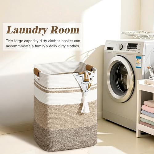 Laundry Hamper, 95L Tall Laundry Basket with Leather Handles, Rectangle Large Clothes Hamper for Organizing, Cotton Woven Laundry Baskets Storage Hampers for Bedroom, Nursery, Living Room - Image 2