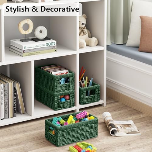 Vagusicc Wicker Storage Basket, Set of 2 Hand Woven Wicker Baskets for Organizing with Handles, Decorative Small Storage Bins for Countertop Toilet Paper Basket for Toilet Tank Top Shelves, Green - Image 7