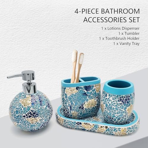 Handmade Blue Mosaic Glass Bathroom Accessory Sets 4PCS Bathroom Accessories Set Complete Includes Lotion Dispenser Toothbrush Holder Tumbler Cup & Vanity Tray - Image 2