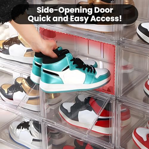 NYZE 12 Pack Acrylic Shoe Boxes Side Open, Clear Shoe Box Plastic Stackable, Shoe Storage Organizer with Magnetic Door, Shoe Display Shoe Containers with Lids Fits Up to Size 15 - Image 5