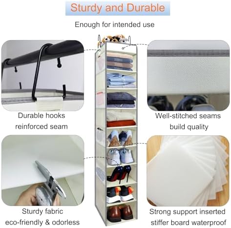 Large-Sized Hanging Shoe Organizer 10-Shelf, Sturdy Hanging Closet Organizer with 8 Side Pockets, Wider Hanging Shelves for Storage Shoes Clothes Jeans Shirts Toys, Beige - Image 4