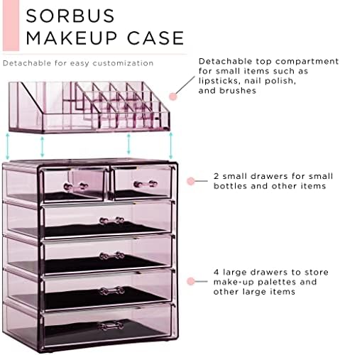 Sorbus Makeup Organizer, 6-Drawer Acrylic 2-Piece Set (Purple) - Image 4