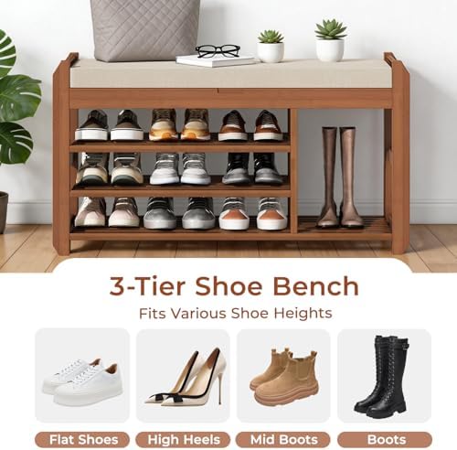39.4" Entryway Shoe Rack Bench with Cushion, 3-Tier Storage Bench - Image 3
