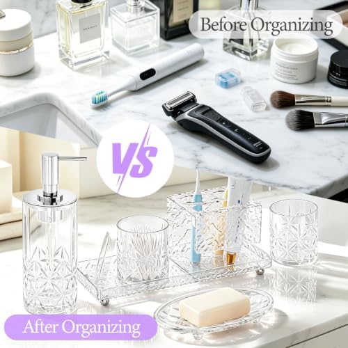 5-Piece Bathroom Accessories Set, Glass Soap Dispenser & Vanity Containers with Acrylic Toothbrush Holder and Tray - Image 7