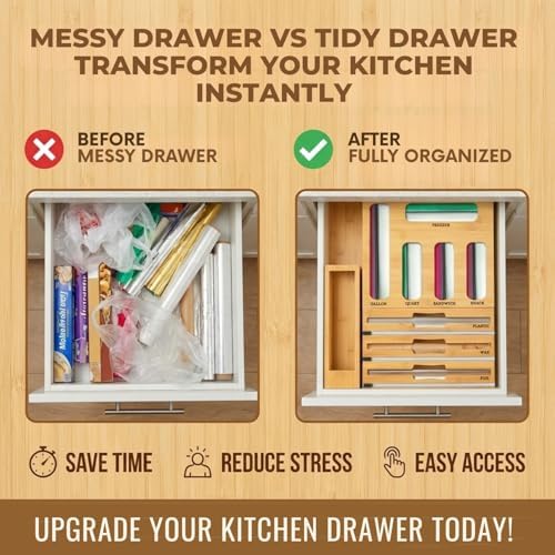 9 in 1 Storage Bag Organizer for Kitchen Drawer, Bamboo Foil and Plastic Wrap with Cutter, Ziplock Bag Organizer for Quart, Gallon, Sandwich & Snack Bags - Aluminum Foil Organizer - Image 3