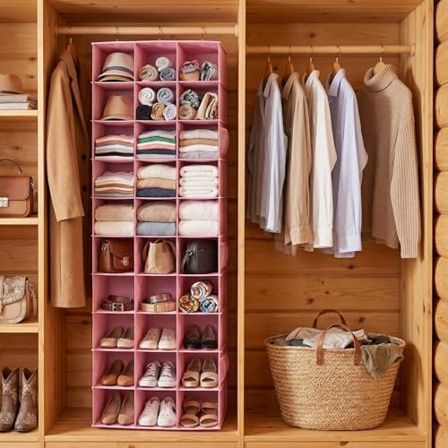 30 Section Hanging Shoe Organizer for Closet, Hanging Closet Organizer and Storage Space-Saving Foldable Clothes Shelf with Sturdy Hooks for Wardrobe, Dorm, Bedroom, Rv, Pink - Image 2