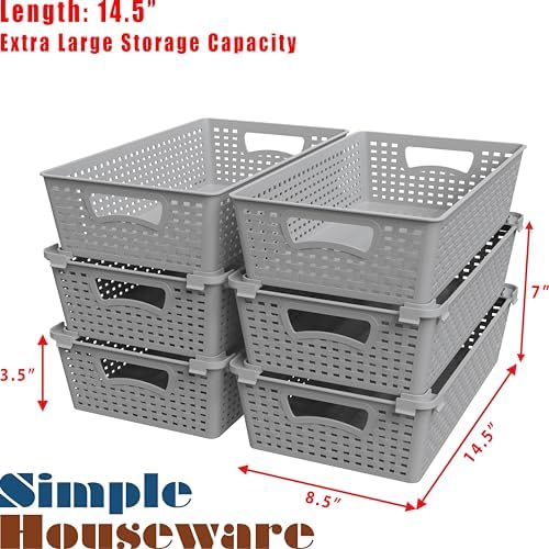 Simple Houseware Stackable Plastic Woven Basket Organizer, 6 Pack, Gray - Image 3
