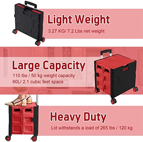 FELICON Folding Utility Cart Rolling Crate Handcart Basket Tote-Red+Black - Image 6