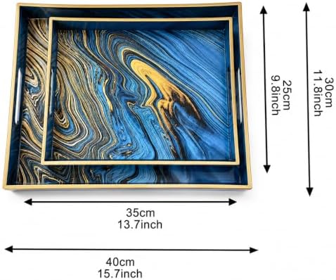 Decorative 2 pcs Tray Set with Gold Handles, Elegant Luxury Style, for Living Room, Kitchen and Vanity (Marble Blue Design) - Image 3