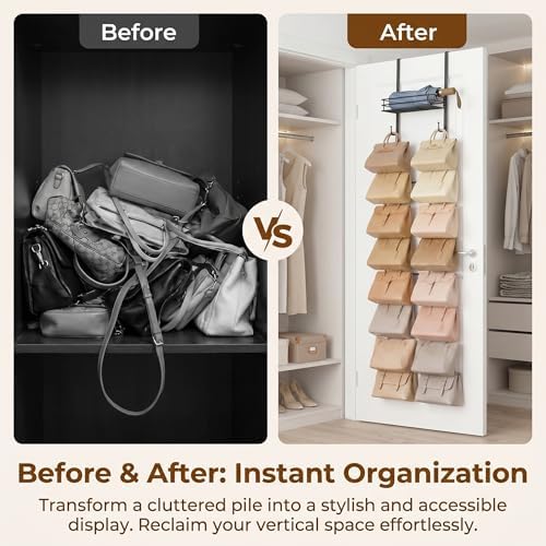 Over the Door Purse Organizer, Wall Mounted Handbag Storage Rack with 16 Hooks and Mesh Basket, Heavy Duty Carbon Steel Bag Holder for Closet, Entryway, Apartment Essentials, Splitable Design, Black - Image 5