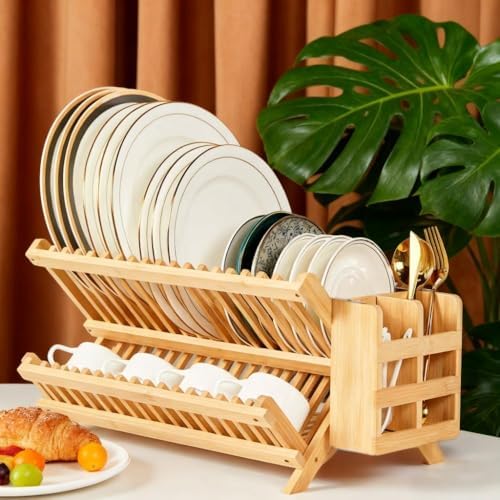 QUEENKAY Dish Drying Rack Collapsible 2-Tier Bamboo Dish Rack for Kitchen Counter Wooden Dish Drainer with Foldable Space-Saving Design for Dishes, Plates, and Cups - Image 6