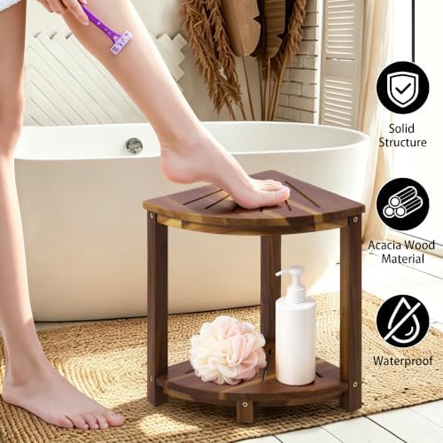 Corner Shower Stool with Storage Shelf, Shower Foot Rest for Shaving Legs, Corner Shelves Shower Caddy Stand, Shower Stool, Sturdy Bathroom Organizer for Kitchen, Living Room–Acacia Wood - Image 3