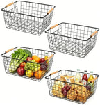 4 Pack Black Metal Wire Storage Baskets, Pantry Baskets for Organizing, Wire Food Storage Basket Organizer with Wooden Handles for Kitchen, Pantry, Freezer - 29 x 22 x 12cm by LDHHYH
