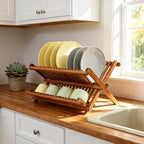 Utoplike Teak Wood Dish Drying Rack, Foldable Plate Organizer Countertop - Image 5