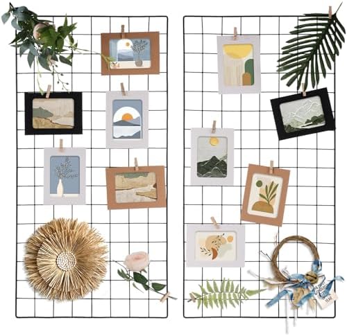 Lnrueg 2 Pack Wire Wall Grid Panel 30" x 15", Wall Grid Shelf with Photo Frames for Photo Display, Metal Mesh Message Board Memo Boards, Heavy Duty Gridwall Display Rack for Art Retail Display by Lnrueg