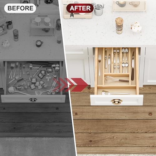 Clikuutory Natural Birch Wood Utensil Drawer Insert Organizer with 7 Compartments, Space-Saving Sturdy Drop-In Cutlery Divider Tray, Kitchen Cabinet Storage for Silverware, Spoons, Forks and Knives - Image 4
