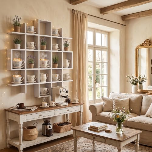 Suzile 5x5 Wall Shelf for Tea Cups Saucers, Rustic Wood Rack, White - Image 3
