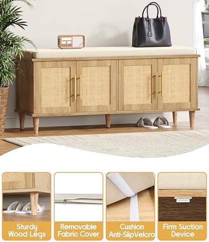 Akxomel 47.2" Rattan Shoe Storage Bench 4 Doors Wooden Entryway Bench Oak - Image 6