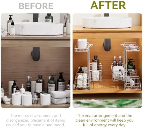 2 Tier Under Sink Organizer 11" W X18 D, Pull Out Cabinet Organizer One Removable Basket, Under Sink Slide Out Chrome Plated, Under Kitchen Bathroom Sink Organizer, 2 Pack - Image 6