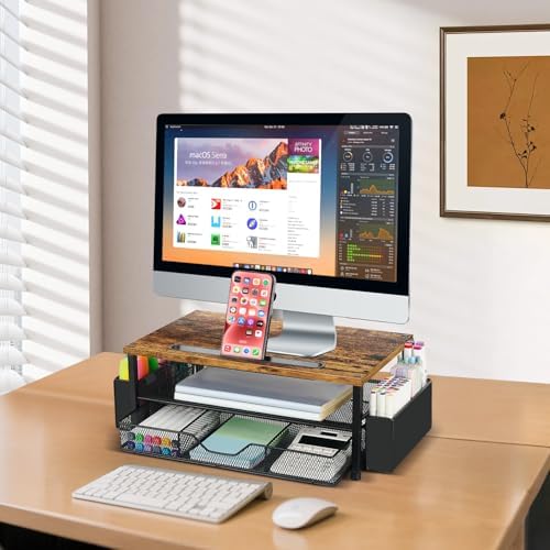 AUPSEN Wood Desk Organizers and Accessories, 2-Tier Computer Monitor Stand Riser with Drawer, Pen Storage & Phone Holder, Office Desk Accessories, Workspace Desktop Organization for Office Supplies（Brown） - Image 6