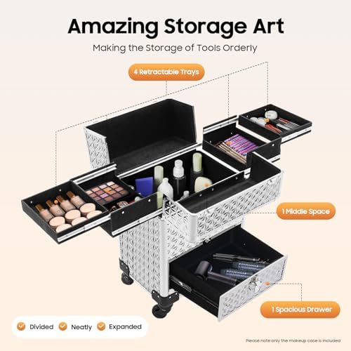 Rolling Makeup Manicure Storage Case, Makeup Trolley Rolling w/4 Universal Wheels Professional Aluminum Cosmetic Trolley Cases w/lock for Studio or Travelling (Silver) - Image 2