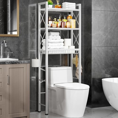Kalrin Over The Toilet Storage with X Shape Side Guardrail, 3-Tier Over Toilet Storage Rack with Drain Basket, Freestanding Bathroom Organizer for Balcony Laundry, Pure White by Kalrin