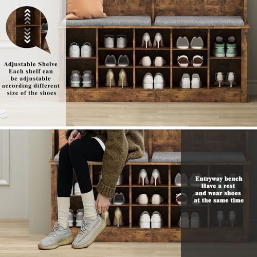 Wodeer Hall Tree with Bench and Shoe Storage, 53" Farmhouse 4-in-1 Mudroom Storage Organizer with Coat Rack, 6 Hooks, 12 Shoe Cubbies, Adjustable Shelf, for Entryway, Hallway, Living Room, Brown - Image 4
