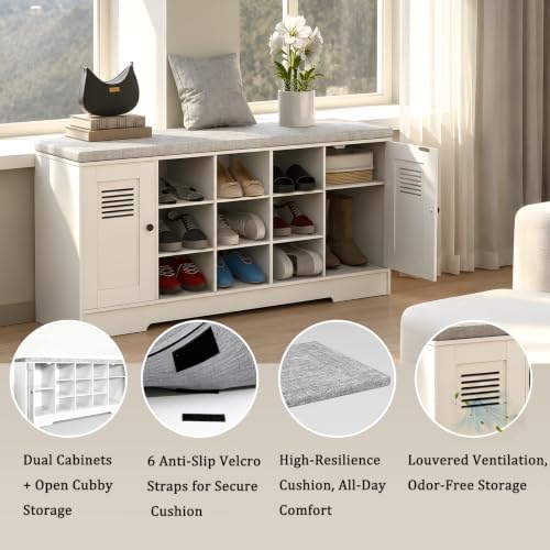 47.2" Shoe Storage Bench with Cushion, 6 Open Cubbies, 2 Cabinet - Image 5