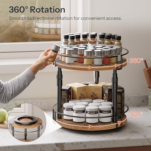 HOOBRO Lazy Susan Organizer Spice Rack, 2-Tier Height Adjustable Rotating Spice Organizer, for Kitchen Countertop and Cabinet, Rustic Brown BF05TL01 - Image 2