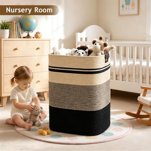 Laundry Hamper, Cotton Rope Laundry Basket with Leather Handles, 22.5-Gallon/85 L Large Clothes Hampers for Laundry, Woven Laundry Baskets for Blankets, Clothing, Bedroom, Living Room, Nursery - Image 3