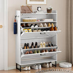Wodeer White Shoe Storage Cabinet with 2 Flip Drawers, Narrow Wood Shoe Cabinet Storage for Entryway with Metal Legs & Hooks, Adjustable Shelves, Freestanding Shoe Rack Organizer for Foyer, Hallway by WODEER