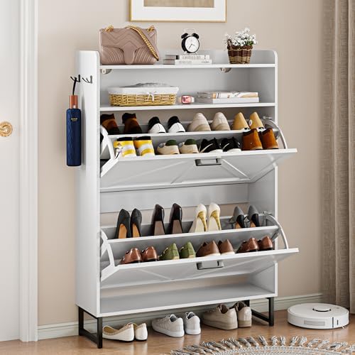 Wodeer White Shoe Storage Cabinet with 2 Flip Drawers, Narrow Wood Shoe Cabinet Storage for Entryway with Metal Legs & Hooks, Adjustable Shelves, Freestanding Shoe Rack Organizer for Foyer, Hallway by WODEER