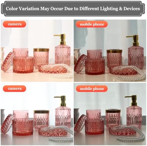 New Pink Glass Bathroom Accessories Set 5 Pcs, Pink Bathroom Set, Soap Dispenser and Toothbrush Holder Set, Qtip Holder Set, Vintage Bathroom Sink Set, Cute Bathroom Decor - Image 7