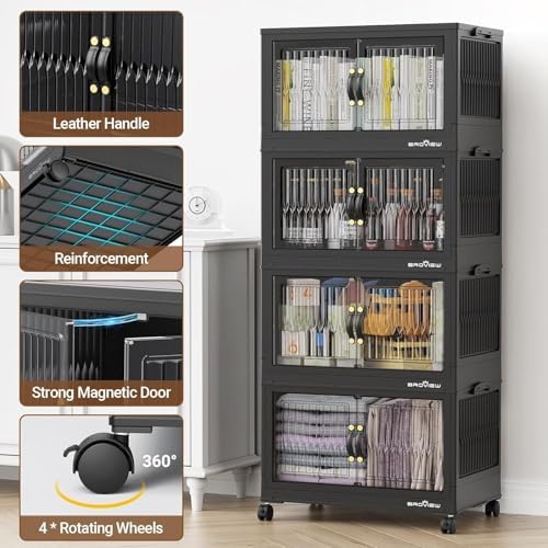 BROVIEW 240Qt Stackable Storage Bins with Lid, Extra Large Closet Organizer Collapsible Drawer Boxes with Wheels, Folding Plastic Cabinet Containers for Home Kitchen Room Organization, 3Pack Black - Image 3