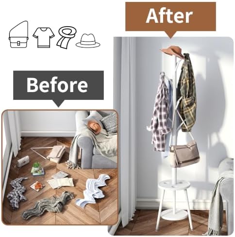 Freestanding Coat Rack with Umbrella Organizer Tray Bamboo Coat Tree Rack with 8 Hook Stand for Clothes Bag Hats Entryway Hanger Stand (Umbrella Tray, White) - Image 5