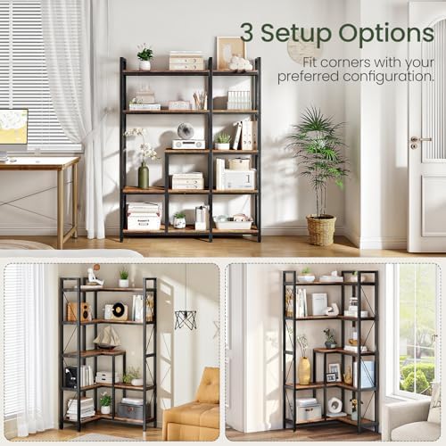 CHOEZON Corner Bookshelf, 5-Tier L-Shaped Bookcase, Corner Shelf with Metal Frame, Industrial Tall Display Shelf, for Living Room, Home Office, Bedroom, Rustic Brown TSJ12BF - Image 7