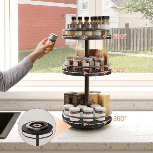HOOBRO Lazy Susan Organizer, Rotating Spice Rack, 3-Tier Organizer, Turntable Spice Rack, Vertical Storage Organizer, for Kitchen Countertop, Vanity, Dining Table, Black BB09TL01 - Image 4