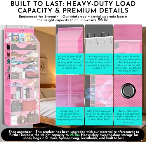 PAULONE Over the Door Organizer Heavy Duty – 96 Lbs Capacity 20 Pair Shoe Rack with Multi-Size Pockets Fits Tall Boots up to 11.8", Breathable Mesh, Metal Hooks – Also for Bags, Toys, Toiletries - Image 4