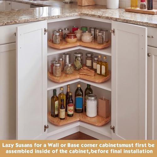 Leinuosen 3 Pcs 28 Inch Banded Pine Wood Full Kidney Shaped Lazy Susan for Corner Base Cabinets with Steel Swivel Bearing for Kitchen Turntables Pantry Spice Can Storage, Not Include Metal Rod - Image 4