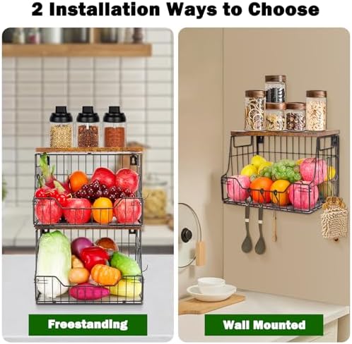 Livabber Fruit Basket for Kitchen, Metal Fruit Vegetable Storage Bin with 2 Banana Hangers, Countertop Wire Basket Organizer for Snack Potato Onion, Screw Mounted or Stand (Black, 2 Pack) - Image 6